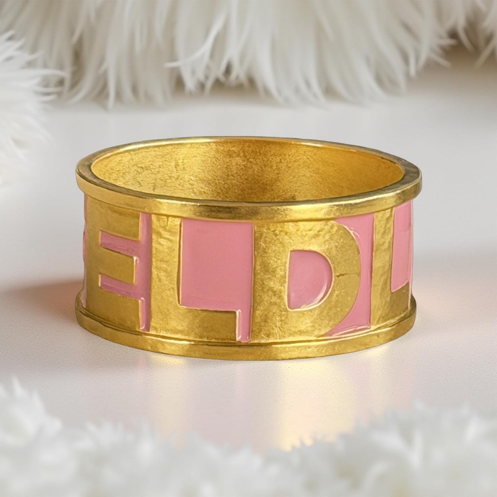 Karl Lagerfeld 80s Vintage Pink Enamel Gold Logo Letters Bangle Bracelet 8” - Picture 14 of 17
